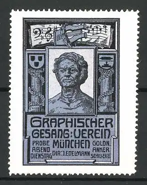 Reklamemarke Graphischer Gesangsverein München, Portrait und Notenzeile