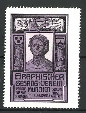 Reklamemarke Graphischer Gesangsverein München, Herrenportrait und Notenzeile