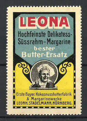 Reklamemarke Leona hochfeinste Delikatess-Süssrahm-Margarine, Leonh. Stadelmann Nürnberg, Bäcker mit Kuchen