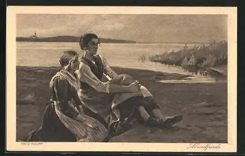 Künstler-AK sign. Fritz Raupp: Abendfriede, Zwei Frauen sitzen am Ufer
