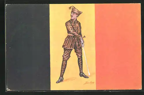 Künstler-AK Xavier Sager: Soldat mit Degen vor belgischer Flagge