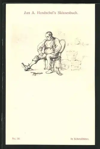 Künstler-AK Albert Hendschel: Mann zieht sich die Schuhe aus