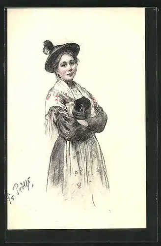 Künstler-AK sign.: Prölss, Frau im Kleid mit Hut