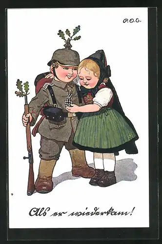 Künstler-AK P. O. Engelhard (P.O.E.): Soldat mit Frau in Tracht