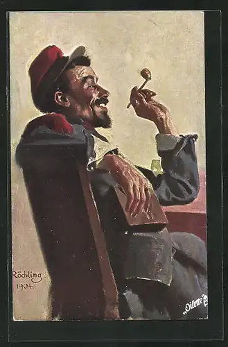 Künstler-AK sign. C. Röchling: Soldat mit Tabakpfeife sitzt am Tisch