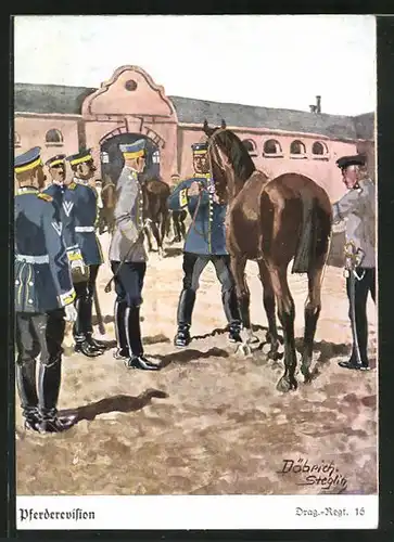 Künstler-AK Döbrich-Steglitz: Pferderevision, Drag.-Regt. 16