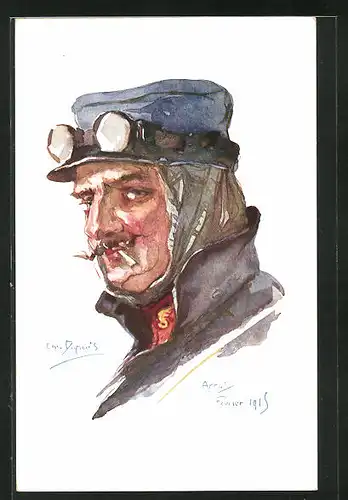 Künstler-AK Em. Dupuis: Mann mit Zigarette und Autofahrer-Brille, Portrait
