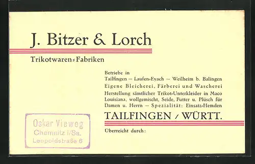 AK Tailfingen / Württ., J. Bitzer & Lorch, Trikotwaren-Fabriken