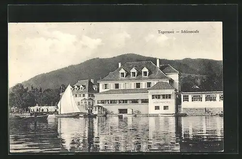 AK Tegernsee, Gasthaus Schlosscafé vom Wasser aus gesehen