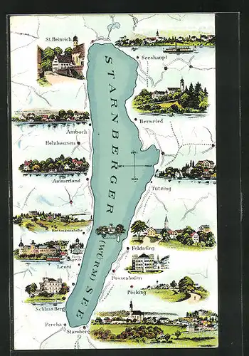 Lithographie Holzhausen, Landkarte mit Starnberger See, Bernried, Pöcking und Schloss Berg