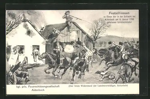 Künstler-AK Aidenbach, Festschiessen zu Ehren der in der Schlacht bei Aidenbach 1706 gefallenen Schützenbrüder