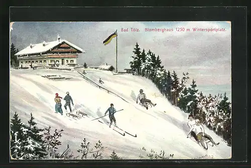 AK Bad Tölz, Cafe Blomberghaus mit Wintersportlern