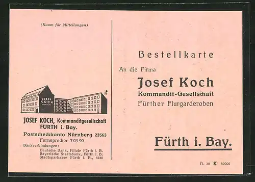 AK Fürth i. Bay., Bestellkarte Kommanditgesellschaft Josef Koch