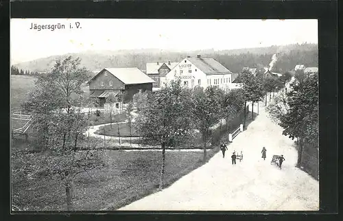 AK Jägersgrün i. V., Ortsansicht mit dem Gasthof Jägersgrün