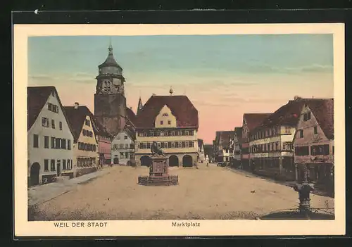 AK Weil der Stadt, Marktplatz mit Denkmal und Geschäften