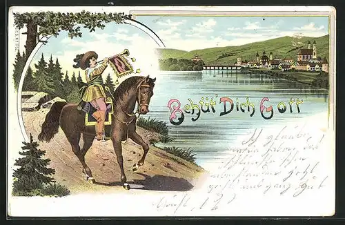 Lithographie Bad Säckingen, Ortsansicht mit Trompeter auf Pferd