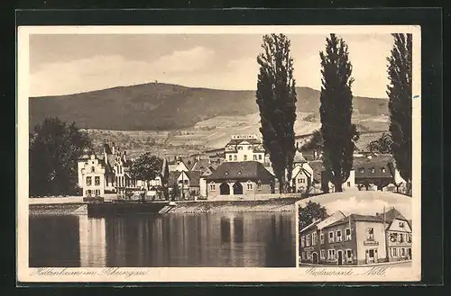 AK Hattenheim, Restaurant Noll, Ortsansicht vom Wasser aus gesehen