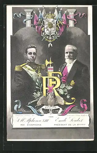 AK S.M. Alphonse XIII. und Emile Loubet von Spanien mit Wappen