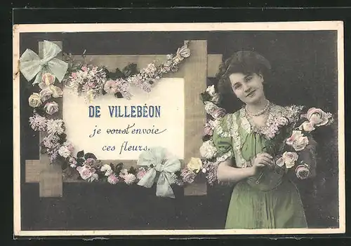 AK Villebéon, Fräulein mit Blumen