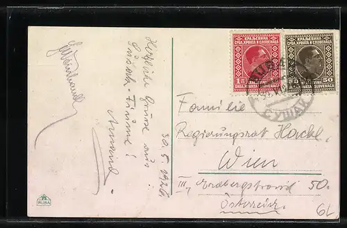 AK Fiume, Ortsansicht mit Blick auf Meer und Berge