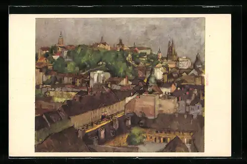 Künstler-AK Zagreb, Teilansicht aus der Vogelschau