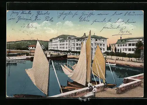 AK Brioni i. d. Adria, Hafenansicht mit Segelbooten