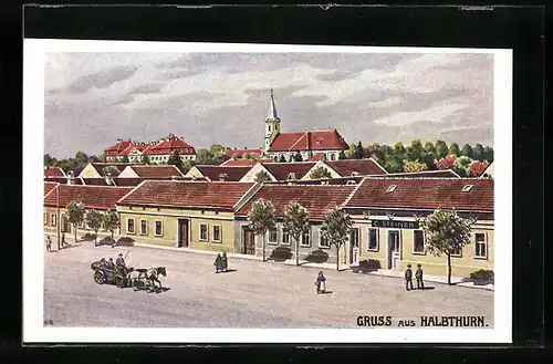 Künstler-AK Halbthurn, Strassenpartie mit Geschäft C. Steiner