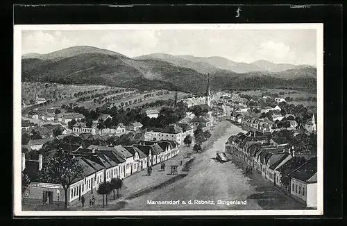 AK Mannersdorf a. d. Rabnitz, Hauptstrasse mit Brunnen und Kirche