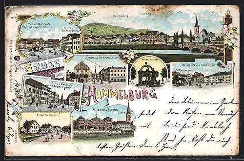 Lithographie Hammelburg, Marktplatz mit Hotel zur Post, Rathhaus mit Kirchenstrasse, Kgl. Bezirks- und Rentamt