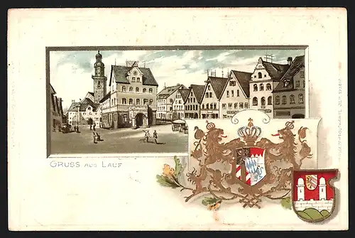 Passepartout-Lithographie Lauf, Ortspartie mit Ladengeschäften und Kirche, Wappen