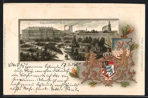 Passepartout-Lithographie Erlangen, Schlossgarten, Wappen