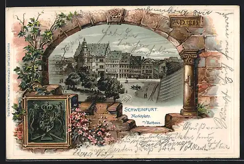 Passepartout-Lithographie Schweinfurt, Marktplatz mit Rathaus, Wappen