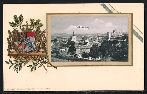 Passepartout-Lithographie Falkenberg, Ortsansicht mit Burgruine aus der Vogelschau, Wappen