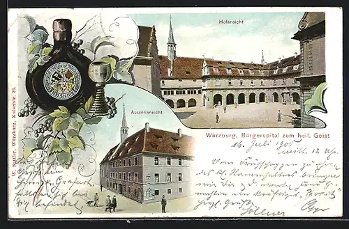 AK Würzburg, Bürgerspital zum heil. Geist, Hof- und Aussenansicht