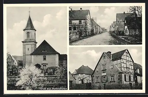 AK Rudolzhofen, Ortsansicht mit Strassenpartie, Kirche & Kolonialwaren Babette Steinmetz
