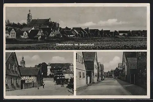 AK Obereuerheim b. Schweinfurt, Strassenpartie mit Blick zur Kirche, Panorama
