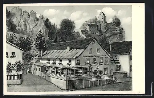 Künstler-AK Pottenstein /Fränkische Schweiz, Gasthaus und Metzgerei Joseph Koll, Tucher Bierstübl