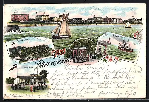 Lithographie Warnemünde, Gasthaus Schweizerhaus, Hafeneinfahrt mit Dampfer, Gasthaus Wilhelmshöhe