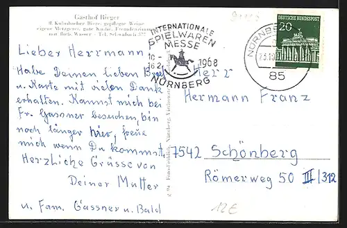 AK Rednitzhembach /Mfr., Gasthof Rieger, Innenansicht, Flusspartie mit Ruderboot