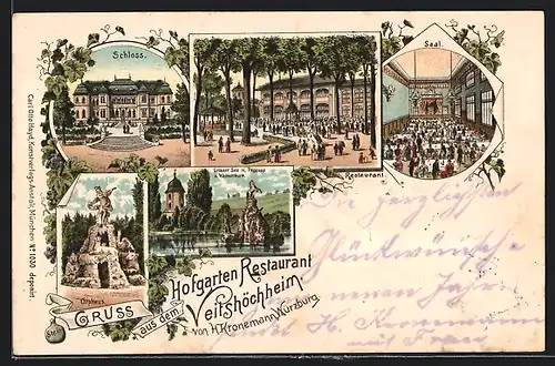 Lithographie Veitshöchheim, Hofgarten Restaurant Veitshöchheim, Orpheus und Schloss