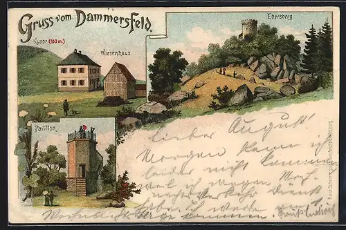 Lithographie Dammersfeld, Ebersberg, Kuppe, Wiesenhaus, Pavillon