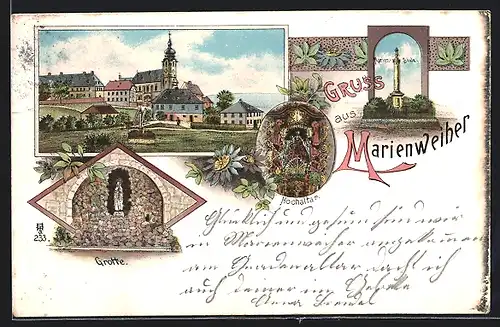 Lithographie Marienweiher, Grotte, Hochaltar, Kirche