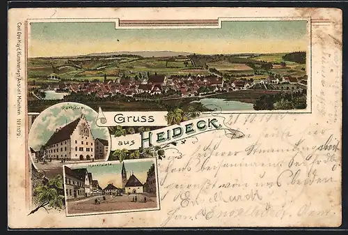 Lithographie Heideck, Rathaus, Marktplatz, Ortsansicht aus der Vogelschau