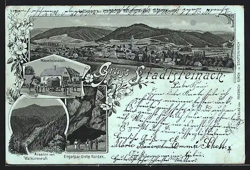 Mondschein-Lithographie Stadtsteinach, Wasserheilanstalt, Aussicht von Walkürenruh, Eingang zur Grotte Nordek