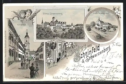 Lithographie Scheinfeld, Schloss Schwarzenberg, Kloster, Kirchstrasse, Stadt-Wappen