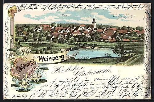 Lithographie Weinberg, Totalansicht mit Teich und Kirche