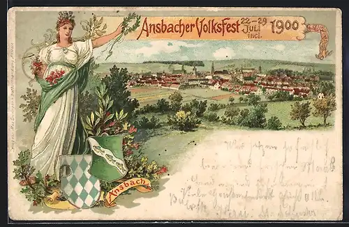 Lithographie Ansbach, Volksfest 1900, Ortsansicht, Germania