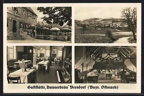 AK Berndorf, Gaststätte Daunerbräu mit Innenansichten, Gesamtansicht aus der Ferne