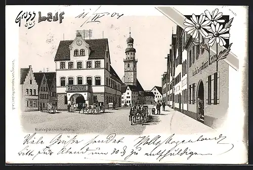 Lithographie Lauf, Marktplatz mit Rathaus, Gasthaus zur goldenen Krone und Kirche, Kutschen