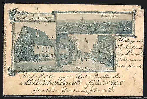 Passepartout-AK Leinburg, Post mit Kutsche, Marktplatz, Gesamtansicht